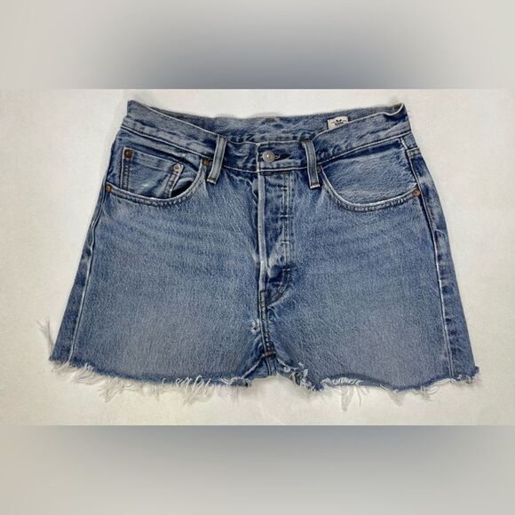 Levi's 501 Skinny Selvedge Cut Off Denim Jean Shorts Women Size 27 Light Blue - Picture 1 of 11